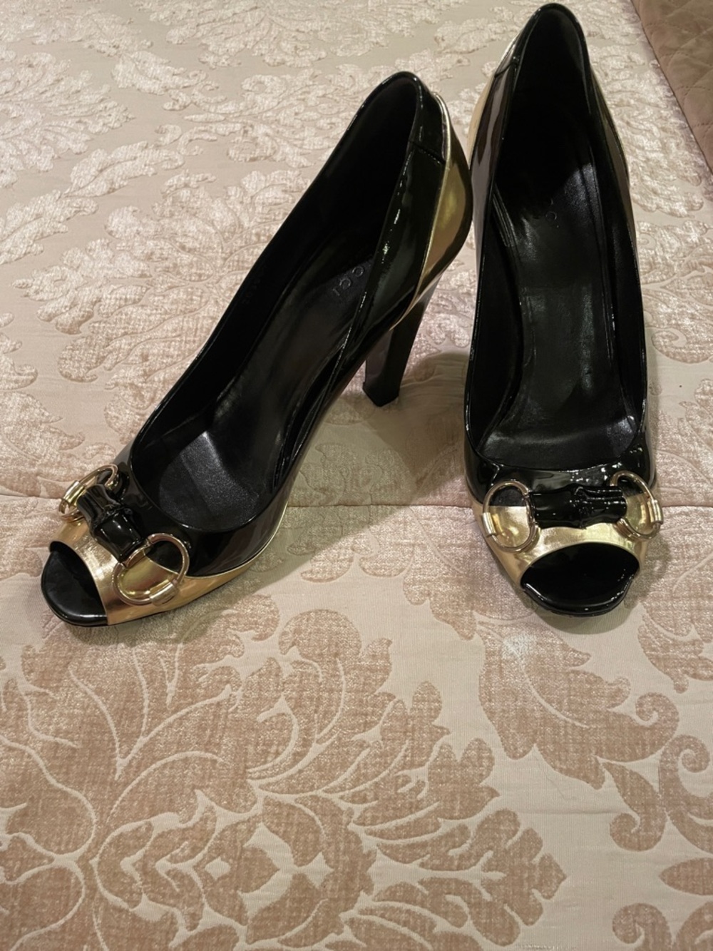 Gucci Black and Gold Patent Peep-Toe High Heels